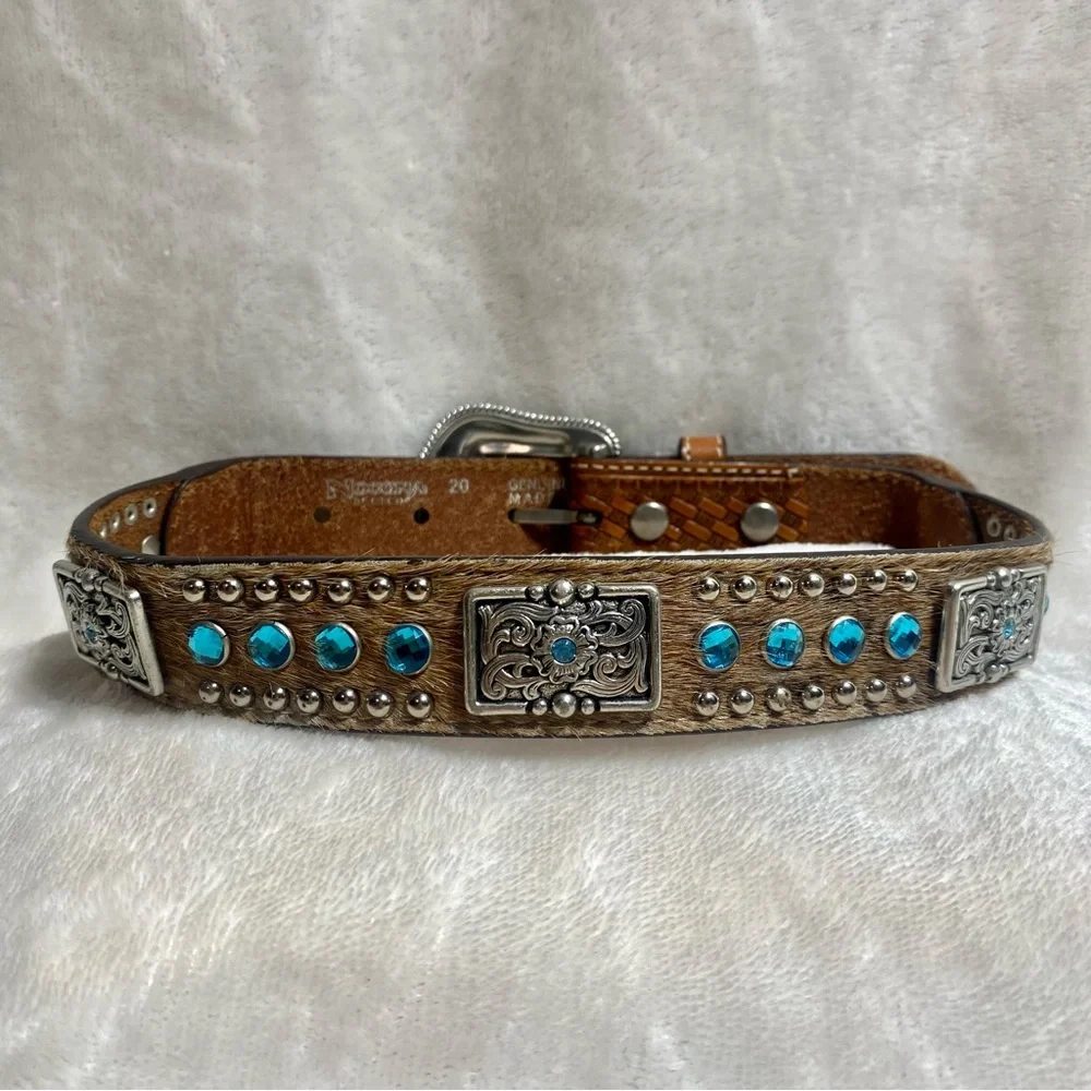 NOCONA Kids Leather Calf-hair Belt Blue Rhinestones Brown Western Cowboy